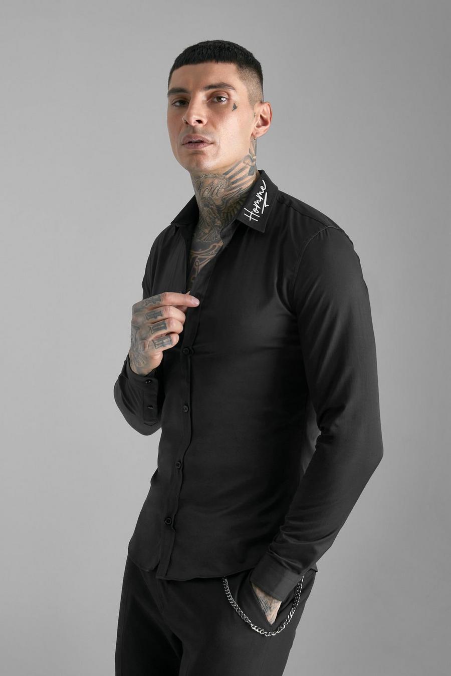 Black schwarz Long Sleeve Muscle Embriodered Collar Shirt