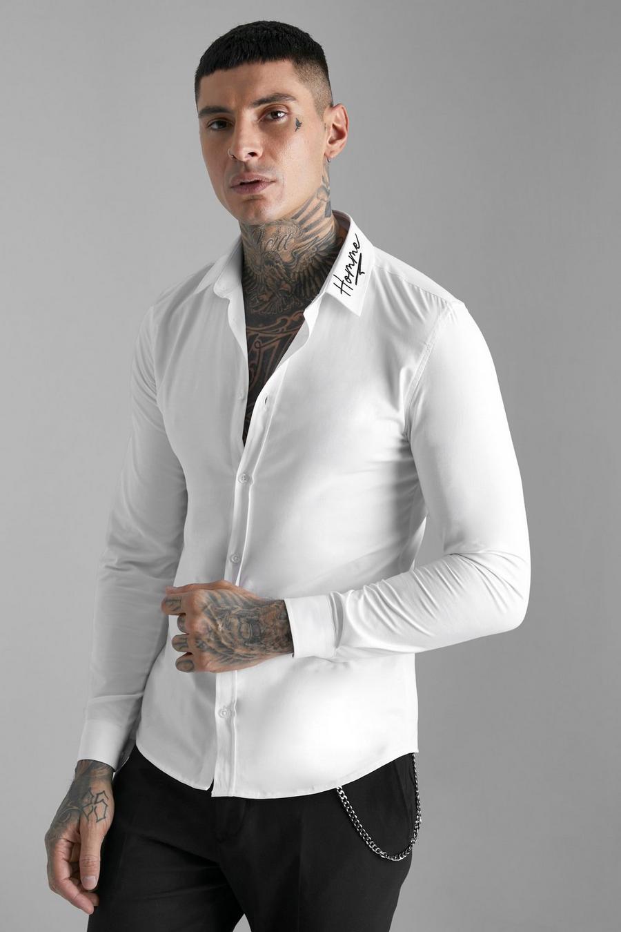 Camicia attillata a maniche lunghe con ricami e colletto, White blanco