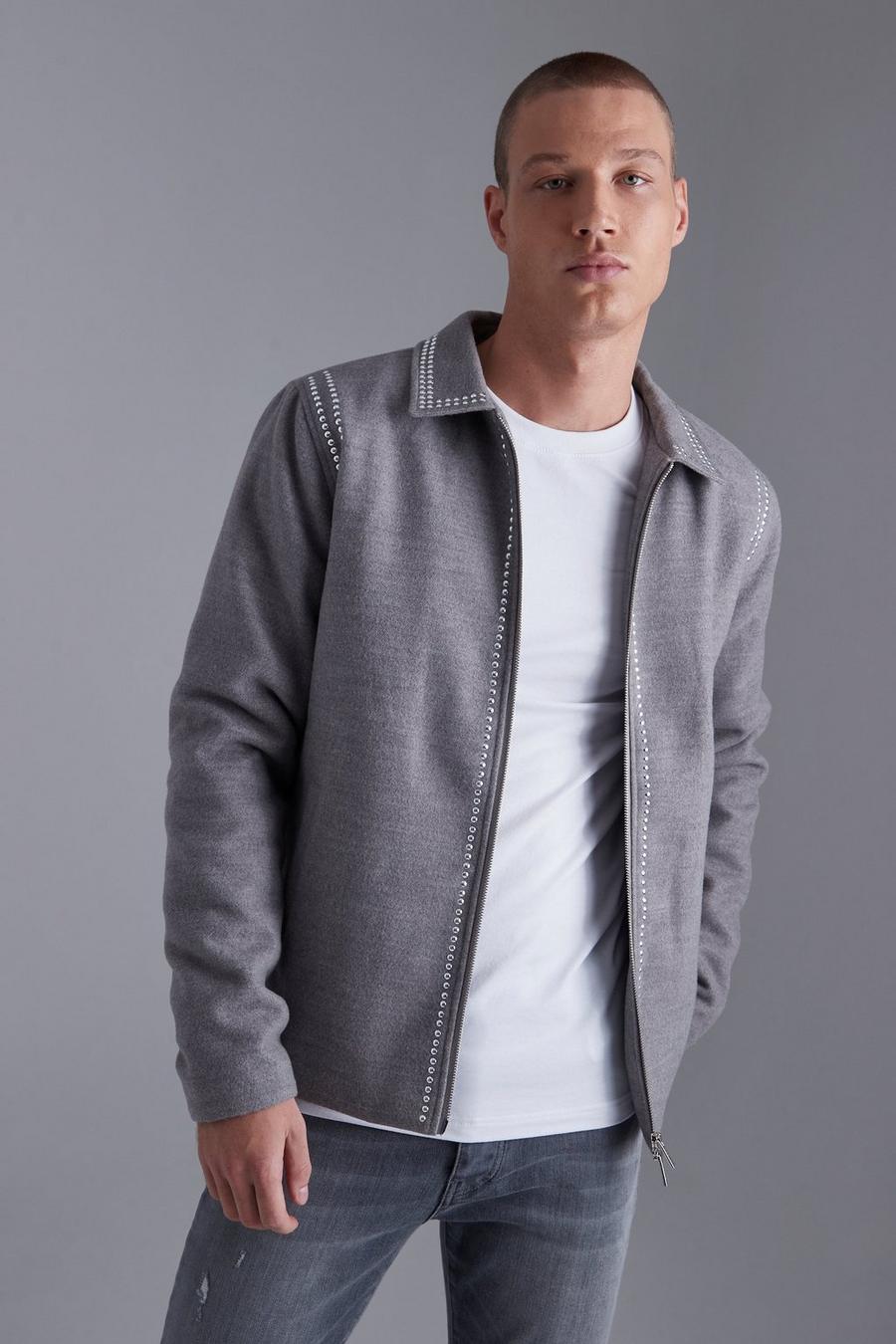 Grey Wool Look Harrington With Rhinestones