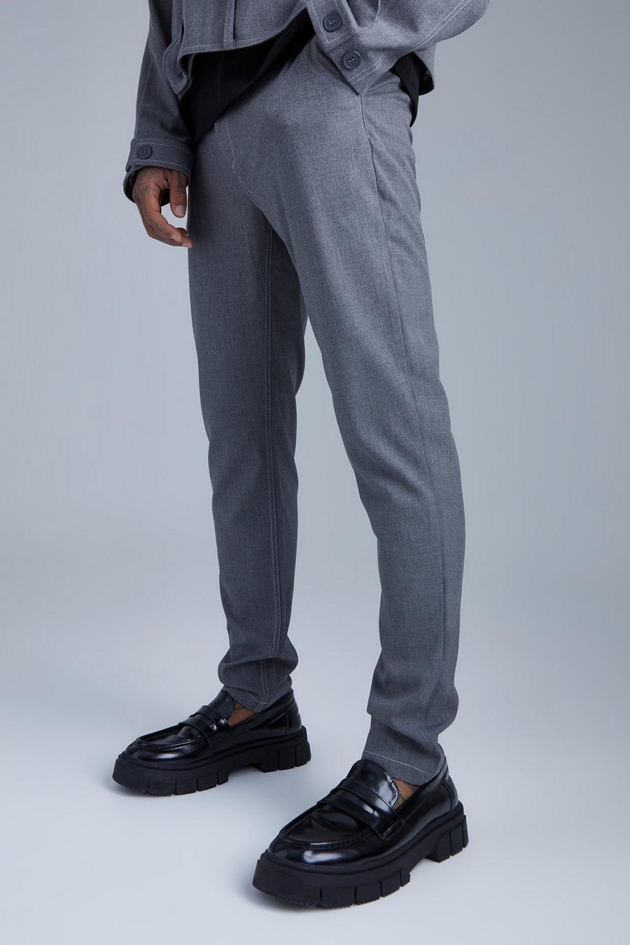 Pantalón ajustado con cintura fija y pespuntes, Charcoal image number 1