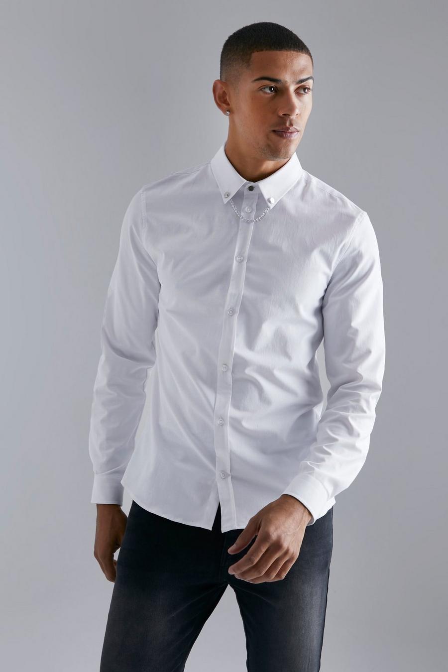 Camicia a maniche lunghe con catena sottile e colletto, White bianco