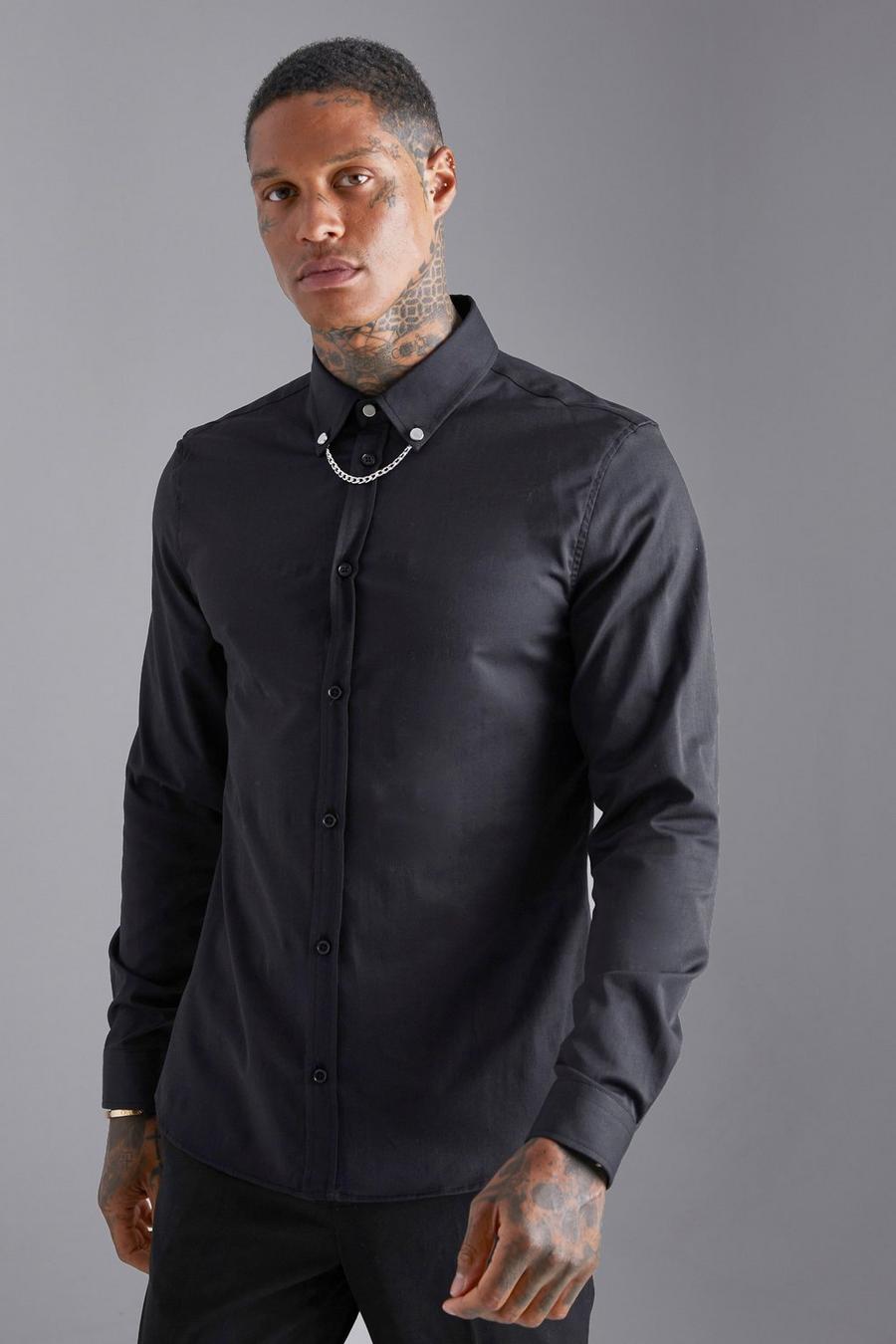 Camicia a maniche lunghe con catena sottile e colletto, Black nero image number 1
