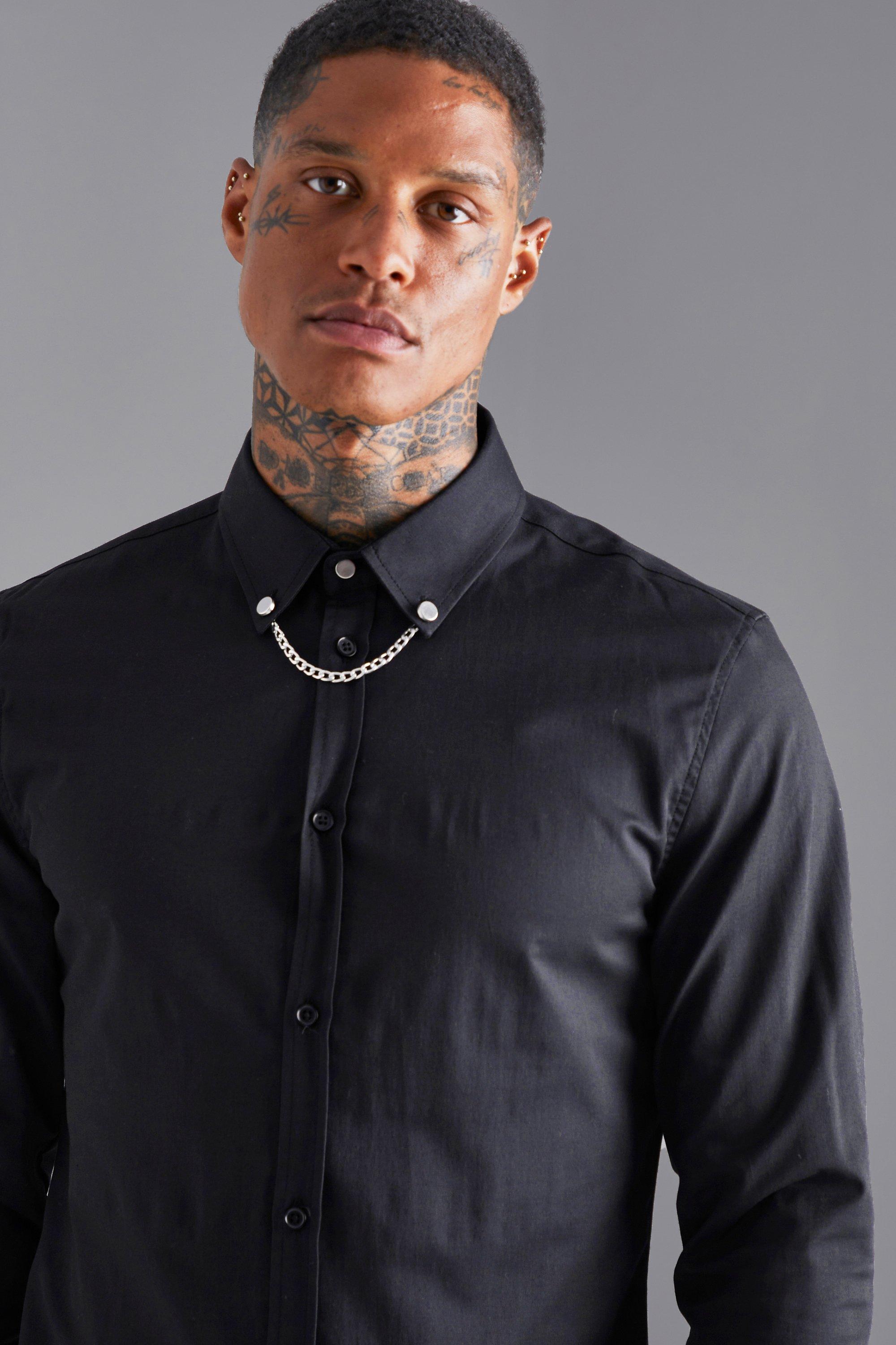 Long Sleeve Slim Chain Collar Shirt | boohoo USA