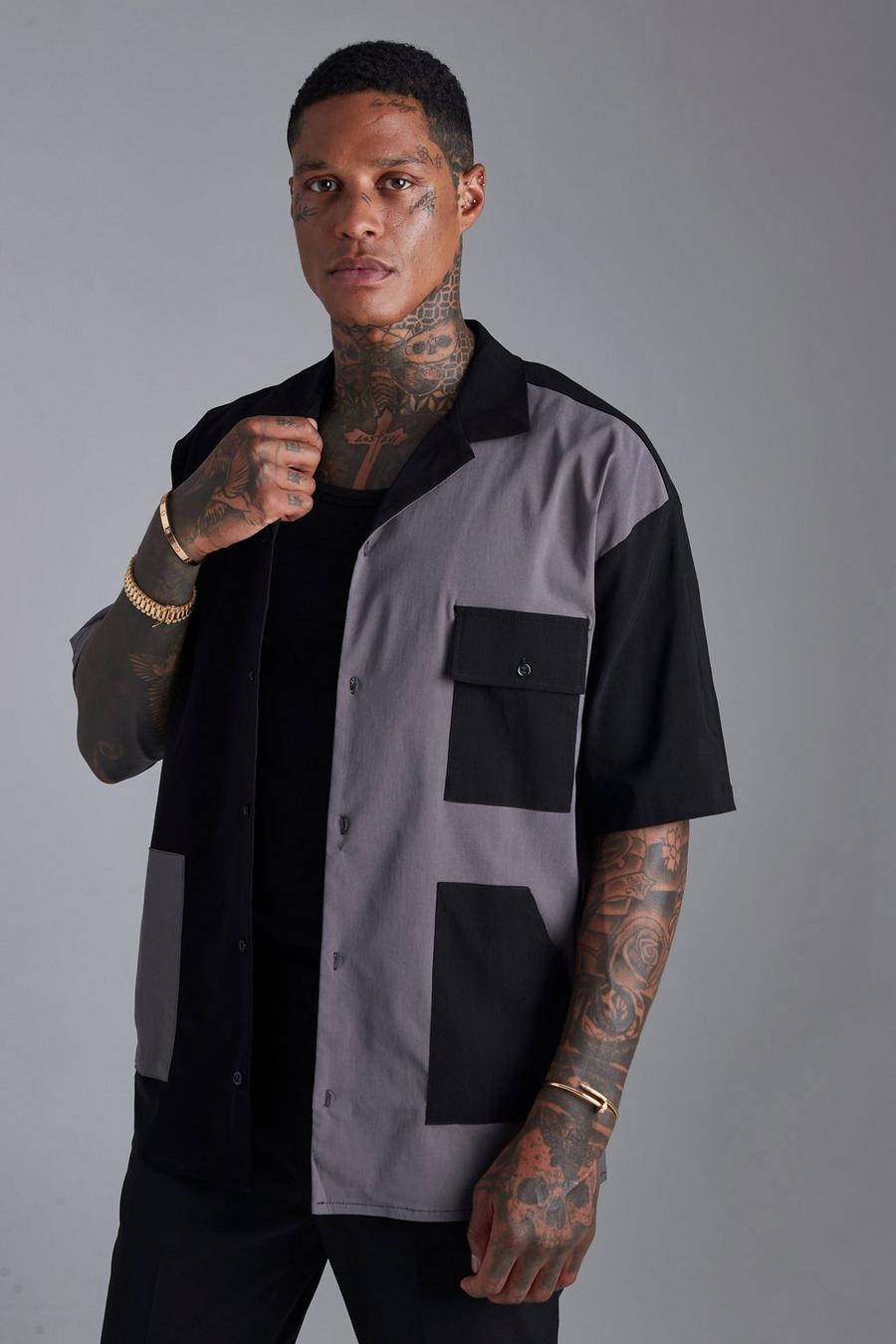 Black noir Short Sleeve Boxy Colourblock Shirt