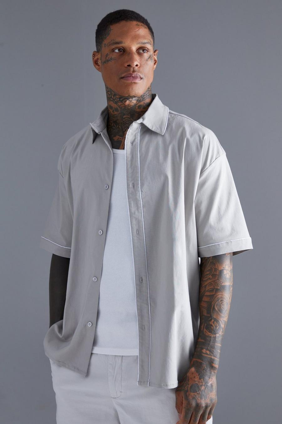 Taupe beige Short Sleeve Oversized Boxy Piping Shirt