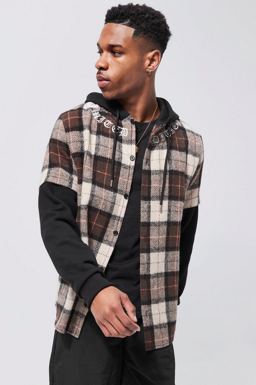 Black Faux Layer Check Embroidered Overshirt image number 1