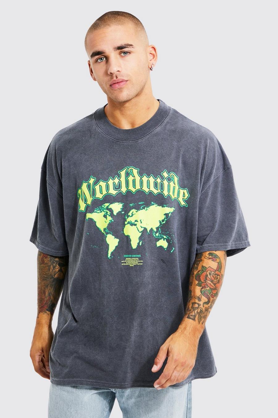 Charcoal Oversized Washed Worldwide Map Print T-shirt image number 1