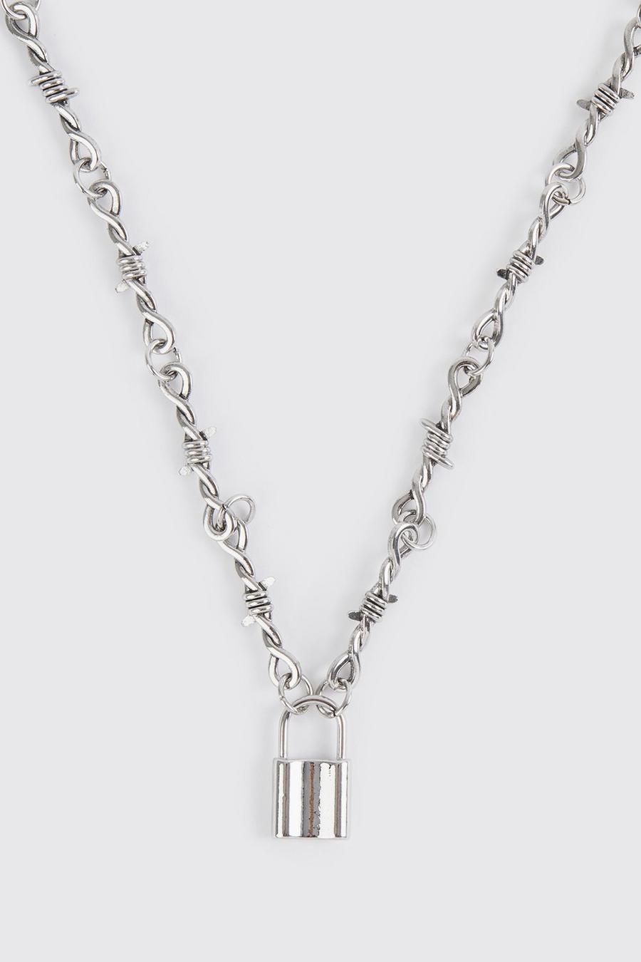 Silver Barbed Wire Lock Pendant Necklace image number 1