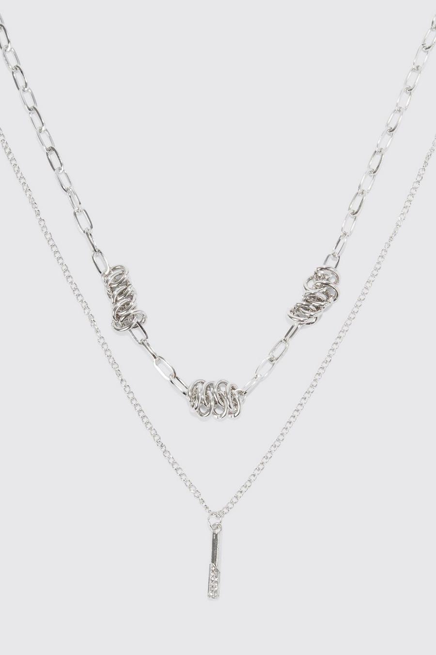 Mehrlagige Halskette mit Knoten-Detail und Anhänger, Silver