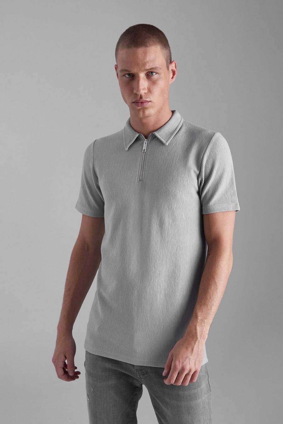 Grey Smart Slim Fit Ribbed Zip Neck Polo image number 1