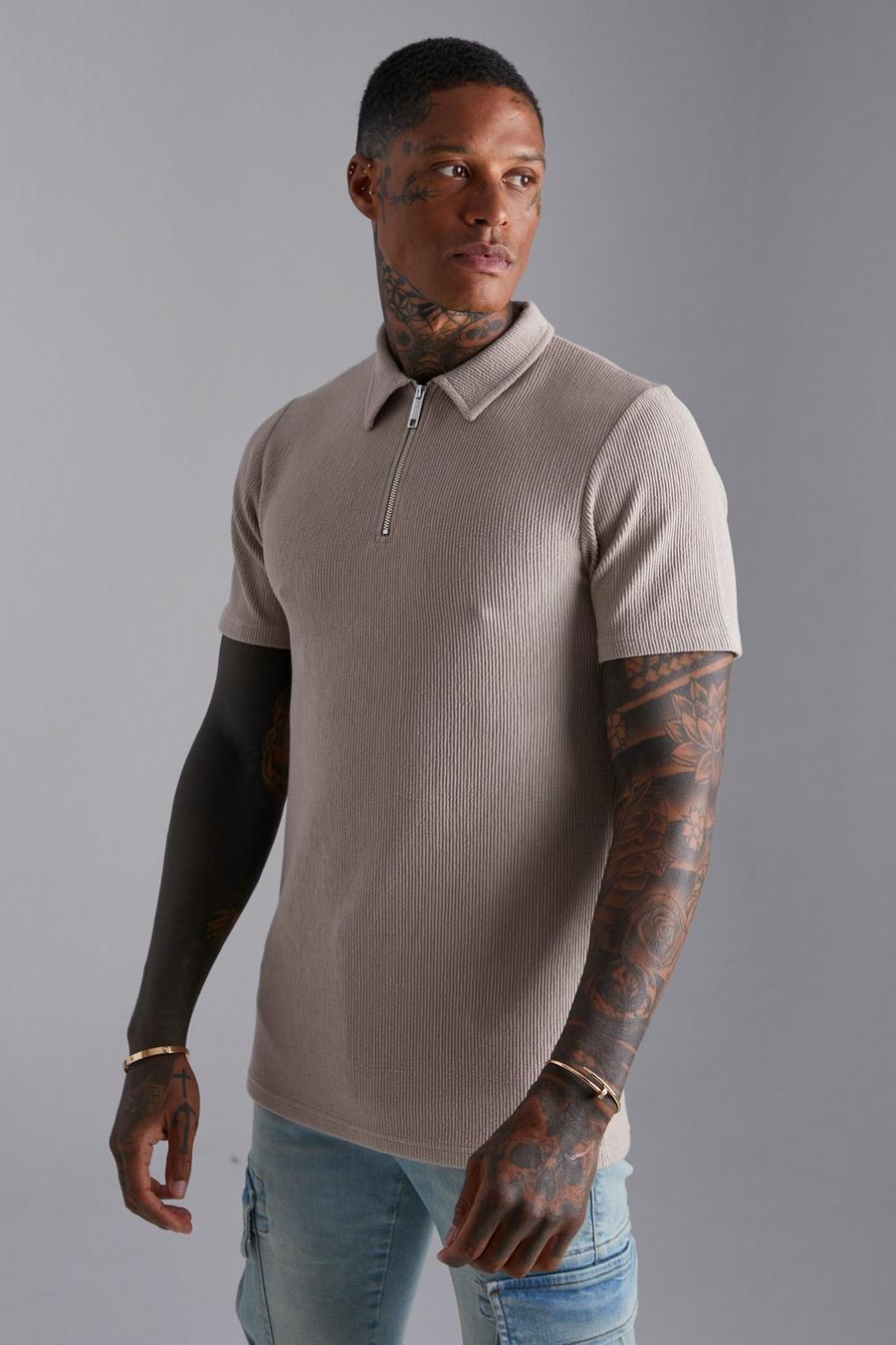 Taupe Smart Slim Fit Ribbed Zip Neck Polo image number 1