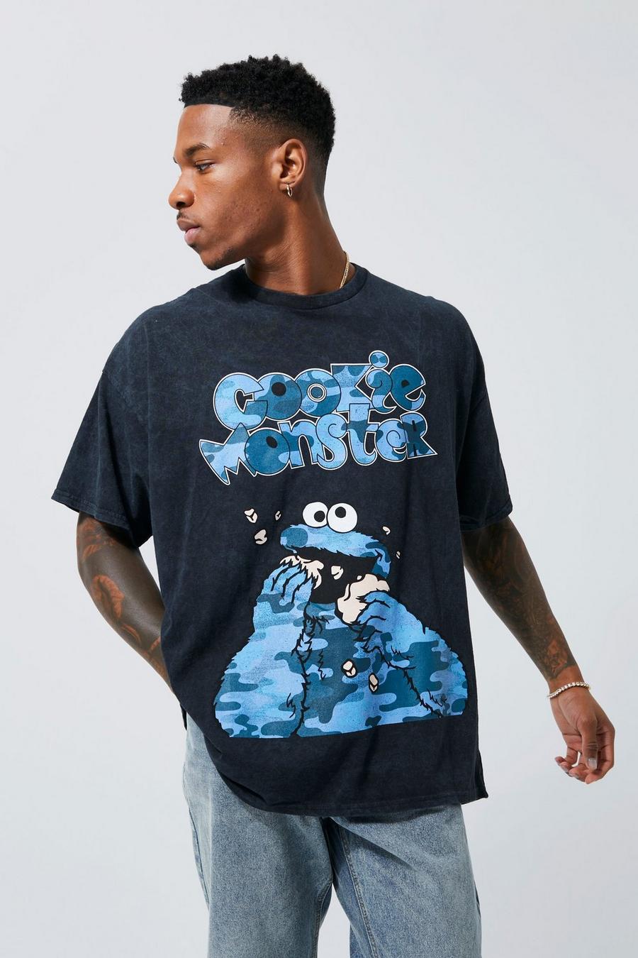 T-shirt oversize délavé à imprimé Cookie Monster, Charcoal image number 1