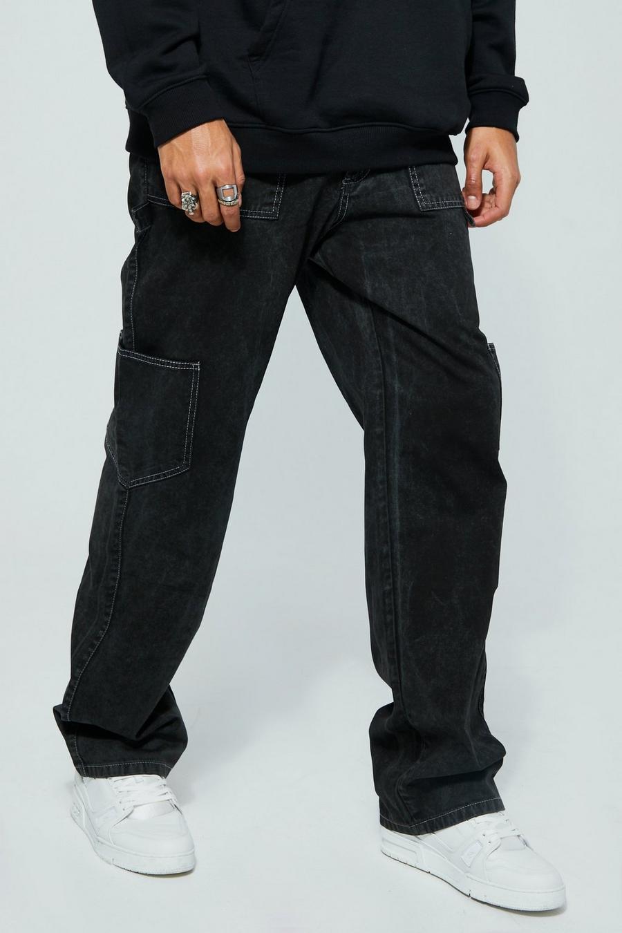 Black Tall Relaxed Fit Washed Carpenter Cargo Pants image number 1