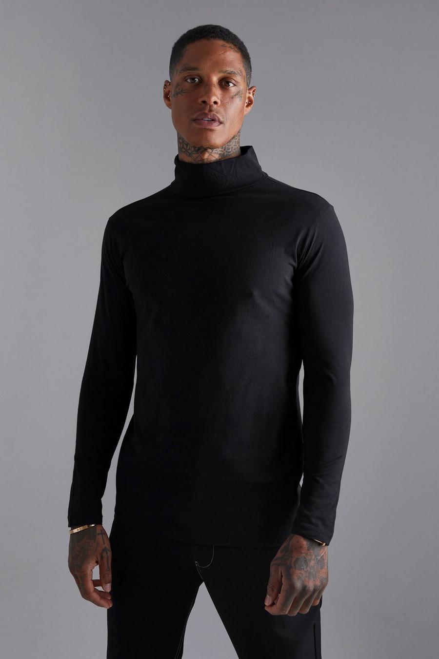 Black Muscle Fit Long Sleeve Extended Neck T-shirt