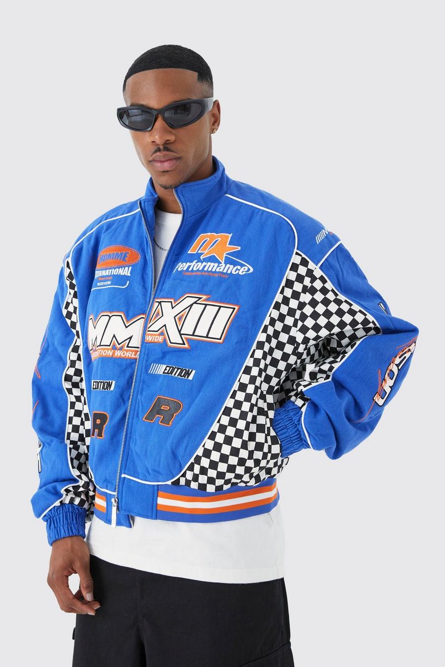 Cobalt azul Boxy Fit Checkerboard Moto Jacket