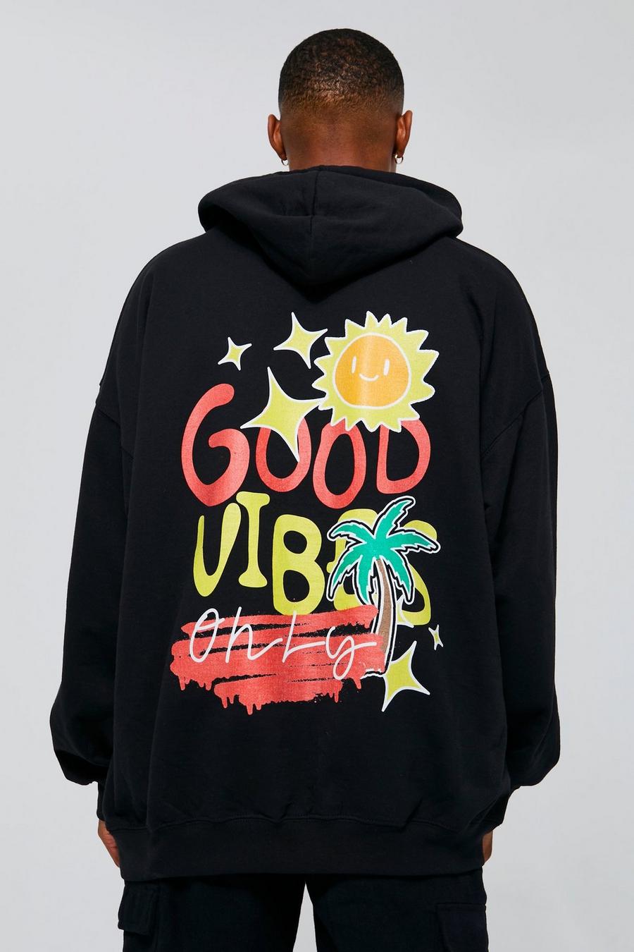 Black Oversized Good Vibes Only Graphic Hoodie image number 1