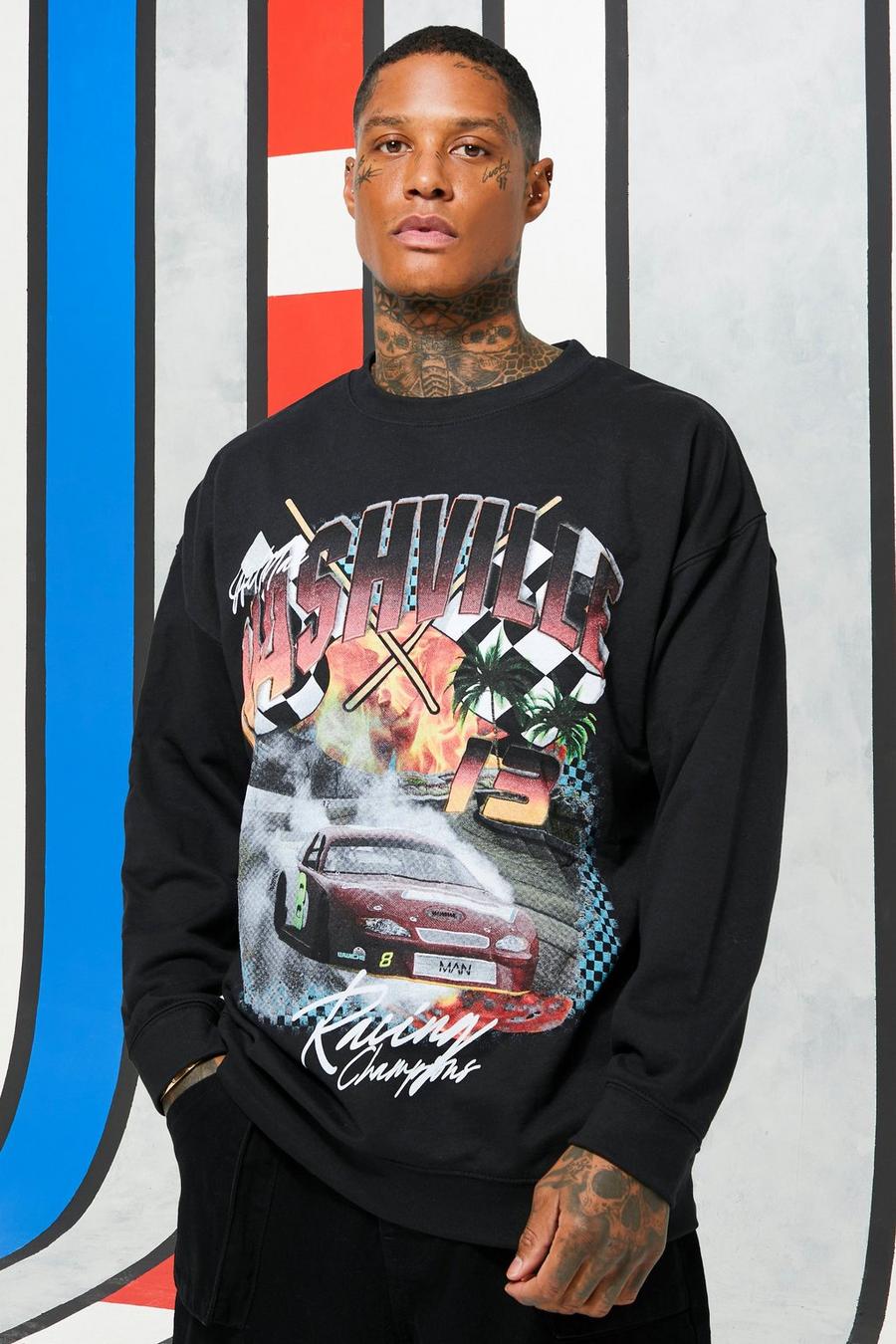 Black Oversized Car Graphic Sweatshirt