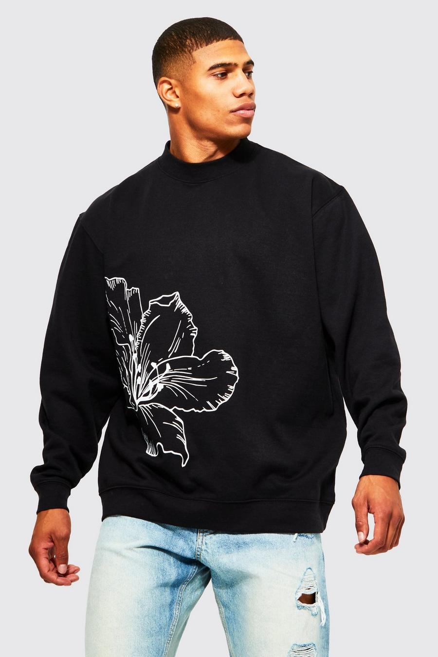 Black Oversized Line Drawn Flower Print Sweatshirt