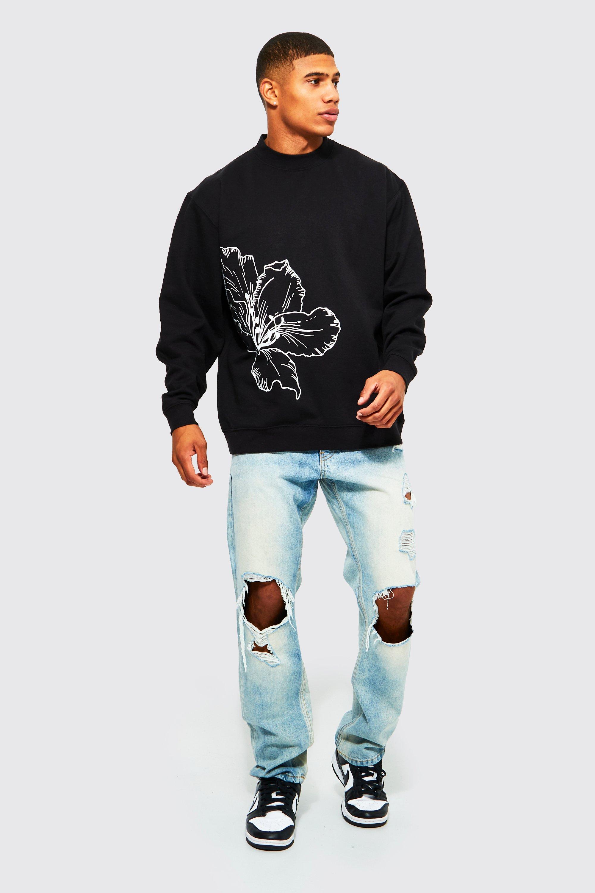 boohooMAN Mens Oversized Line Drawn Flower Print Sweatshirt - Black
