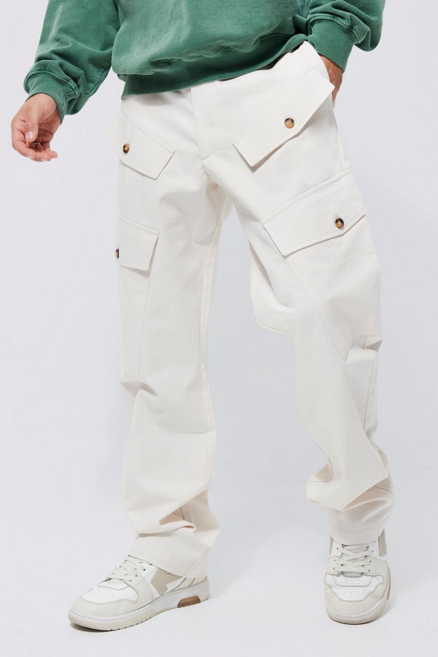 Ecru blanc Fixed Waist relaxed Worker Detail Trouser