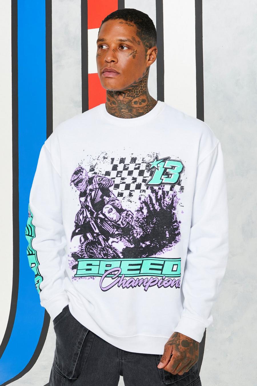 White weiß Oversized Moto Speed Champions Graphic Sweatshirt