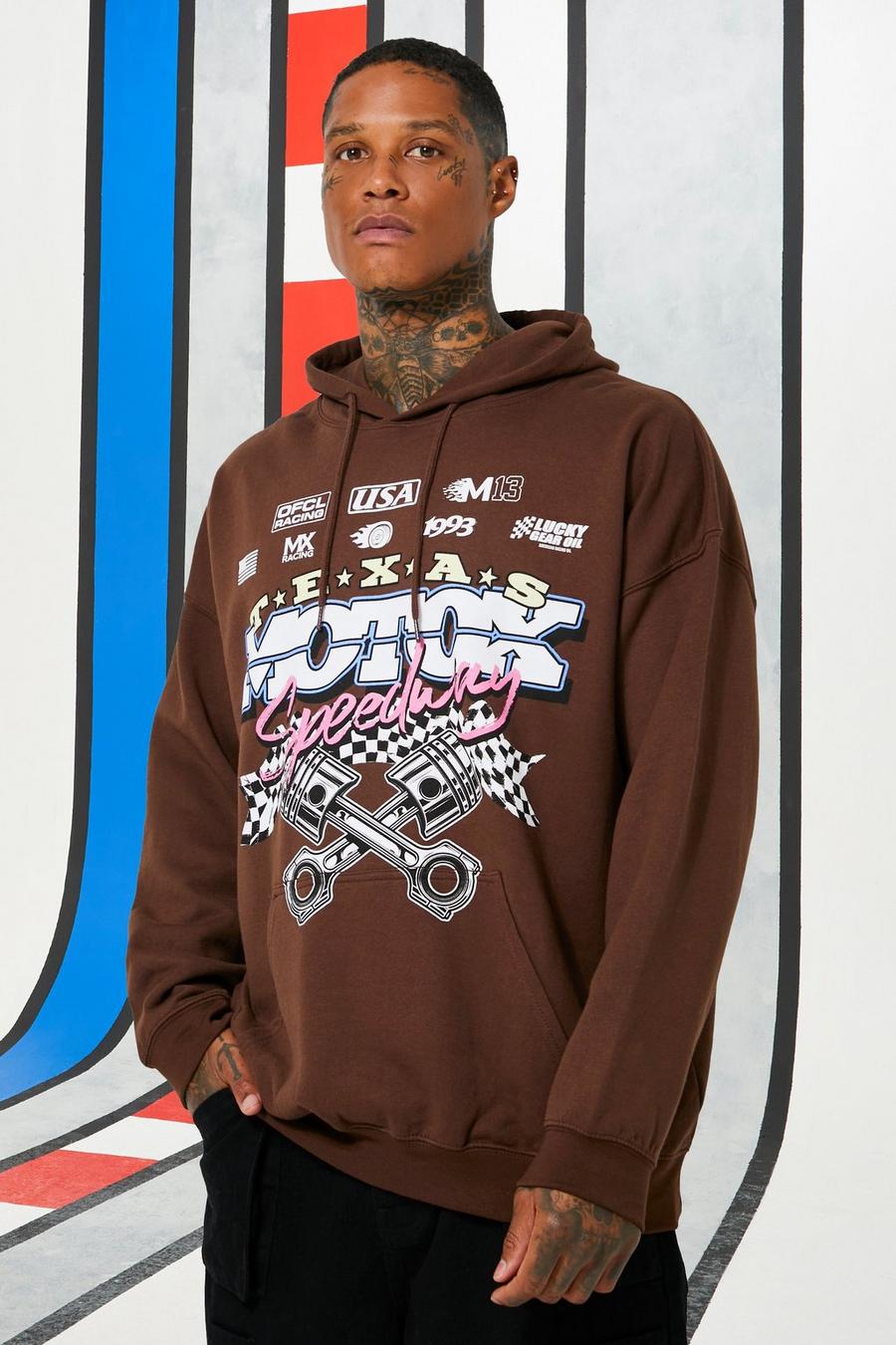 Chocolate Oversized Moto Speedway Graphic Hoodie image number 1