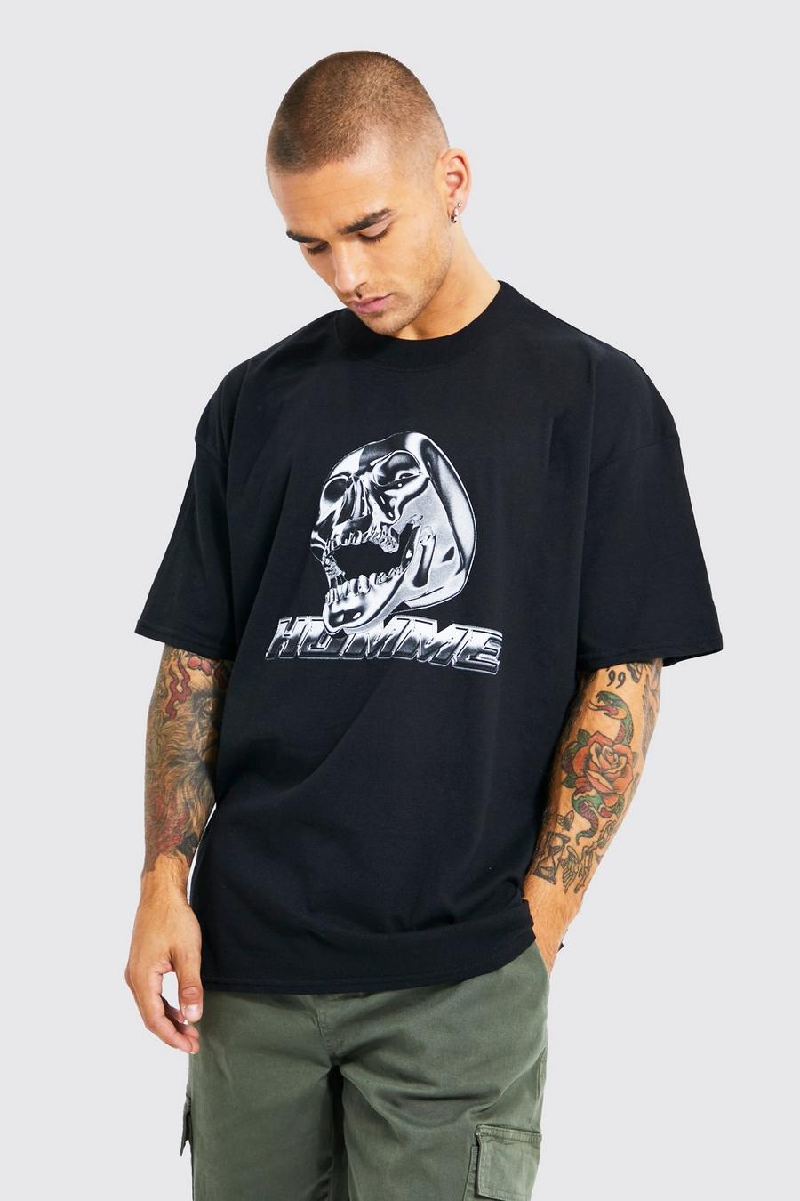 Black Oversized Skull Homme Print T-shirt image number 1