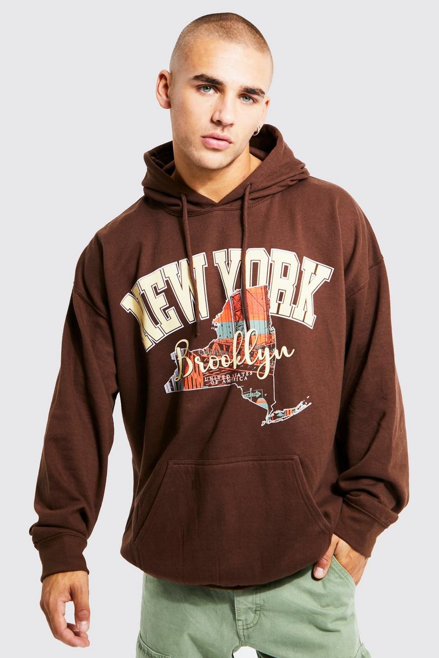 Chocolate Oversized Ny Brooklyn Map Print Hoodie image number 1