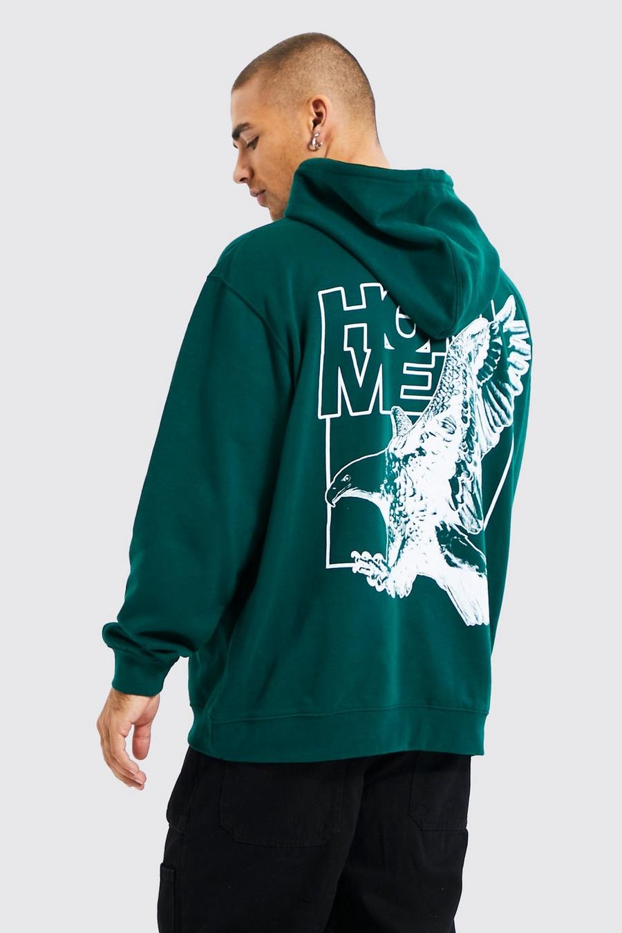 Forest green Oversized Homme Eagle Print Hoodie