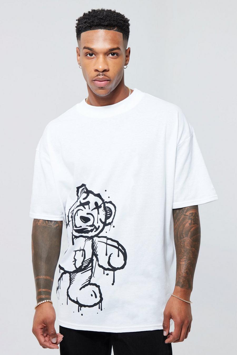 White Oversized Line Drawn Teddy Print T-shirt