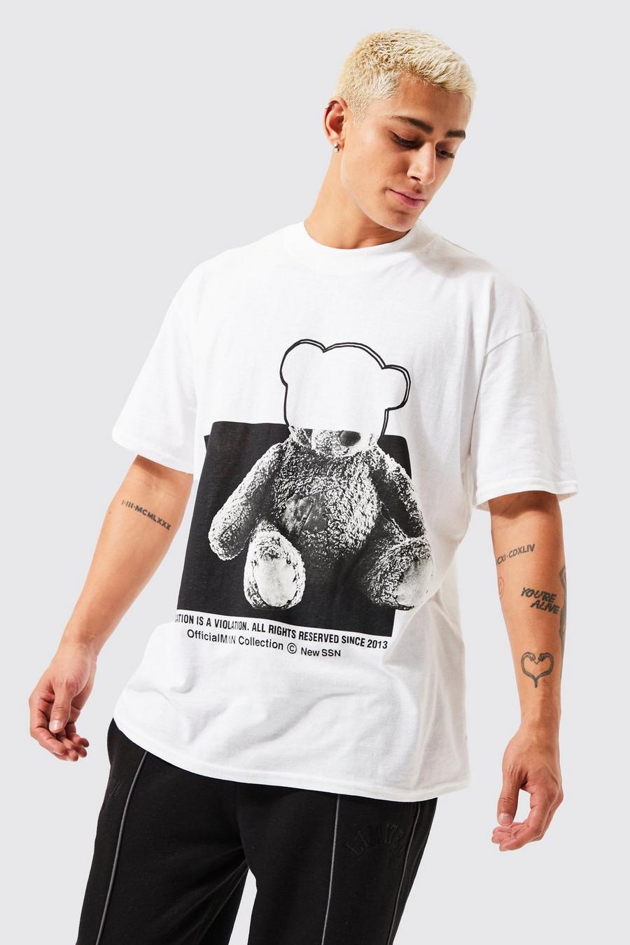 White Oversized Line Drawn Teddy Graphic T-shirt image number 1