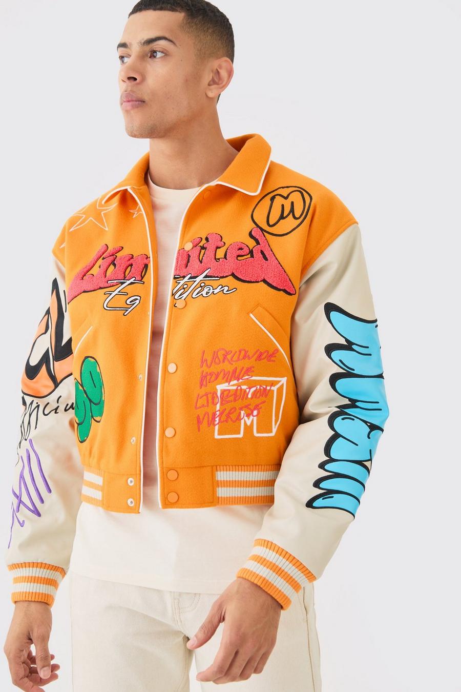 Boxy Fit Graffiti Varsity Jacket | boohoo USA Boxy Fit Graffiti Varsity Jacket | boohoo USA