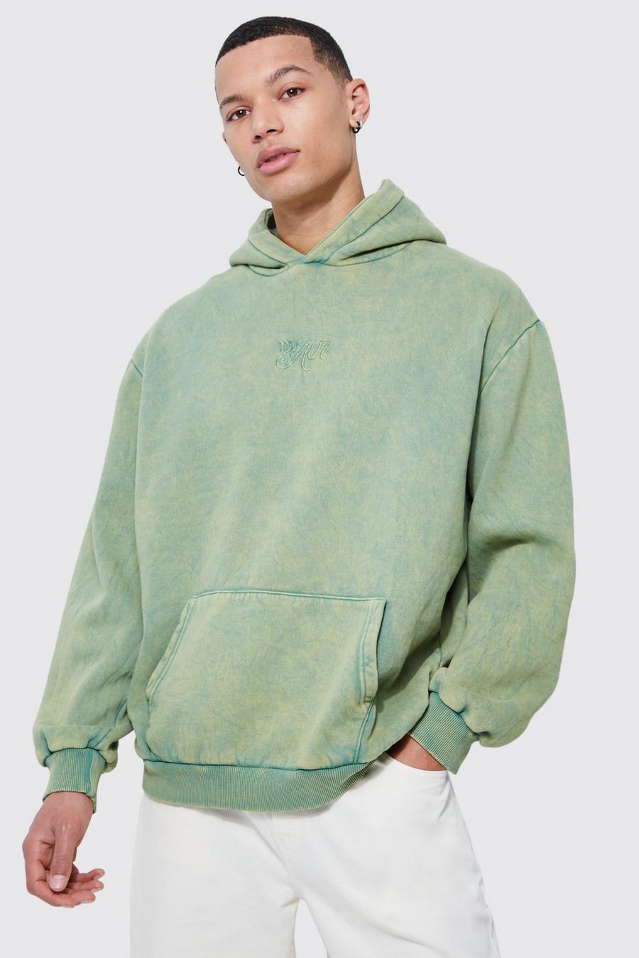 Green MAN Tall Oversized hoodie med tvättad effekt image number 1