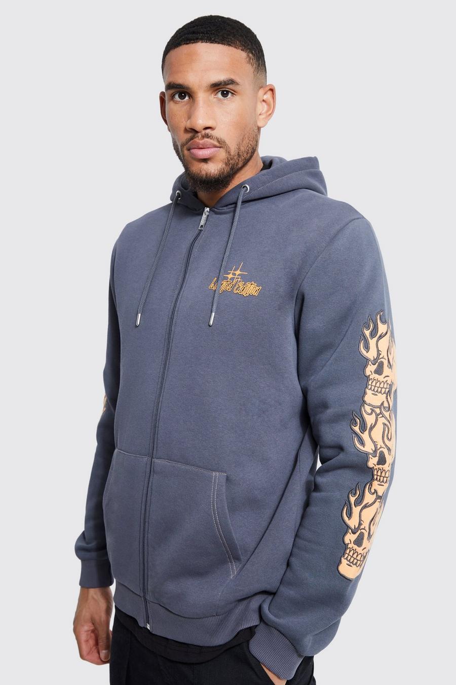 Charcoal grey Tall Zip Through Applique Sleeve Hoodie Contrast Stitch