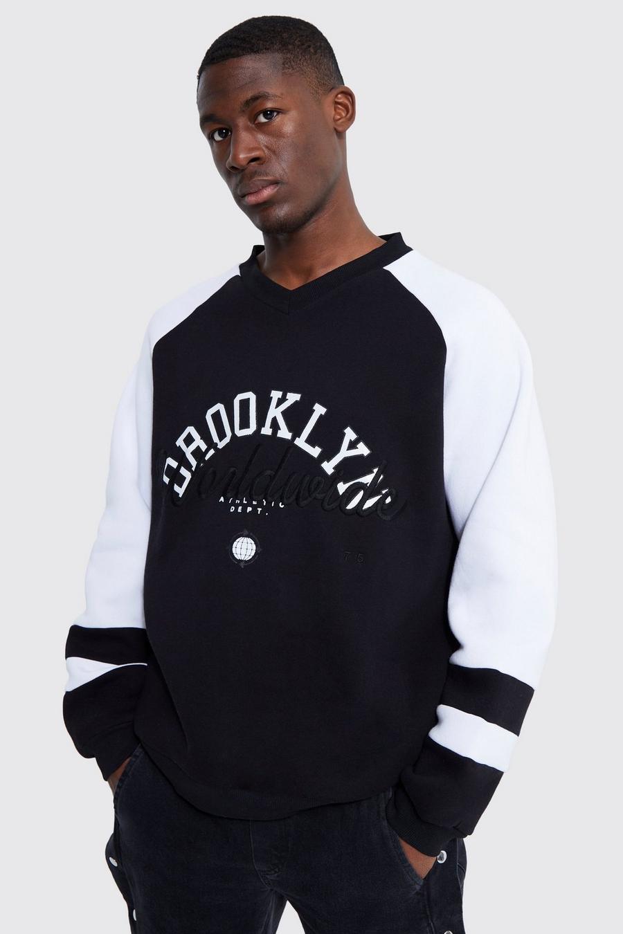 Black Tall Varsity Raglan Colour Block V Neck Sweater image number 1