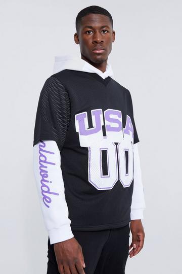 Black Tall Faux Layer Mesh Print Hoodie