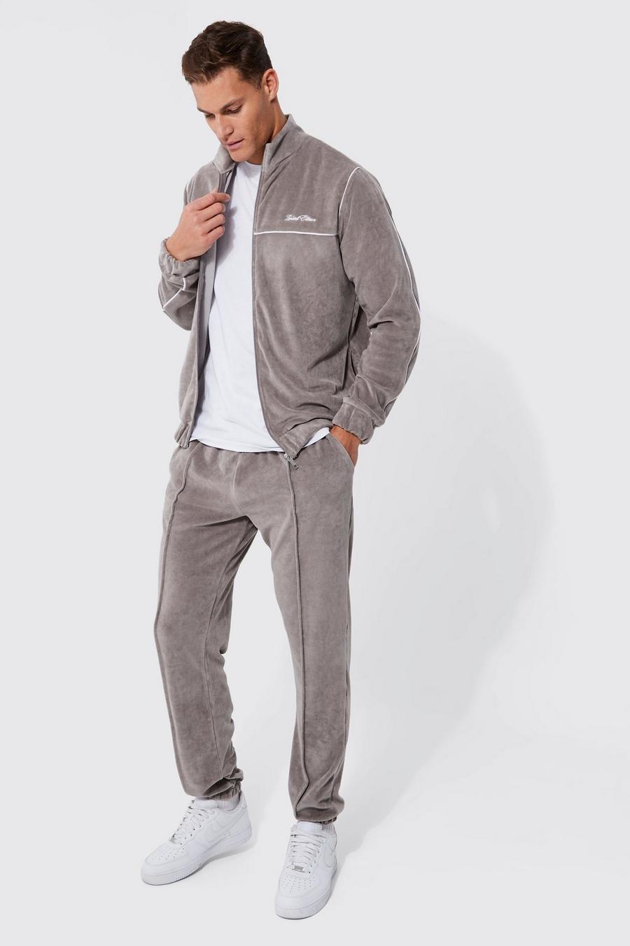 Light grey Tall Funnel Neck Zip Through Velour Tracksuit image number 1