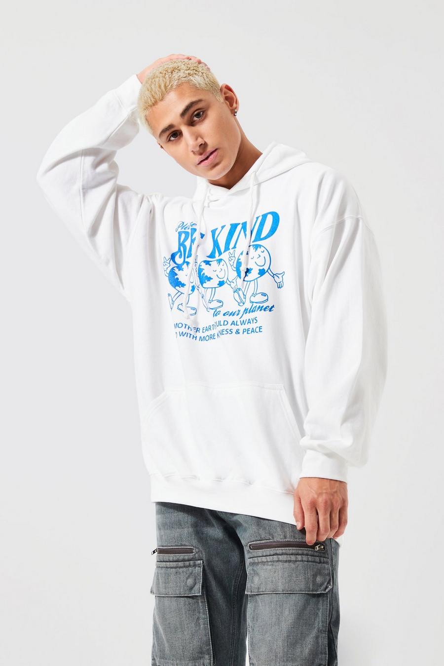 White Oversized Be Kind Graphic Hoodie image number 1