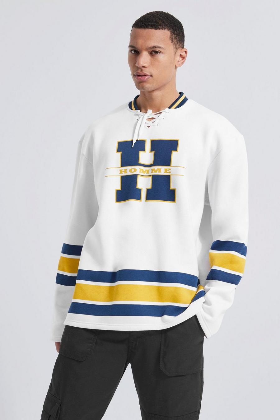 White vit Tall Oversized sweatshirt med hockeymotiv image number 1