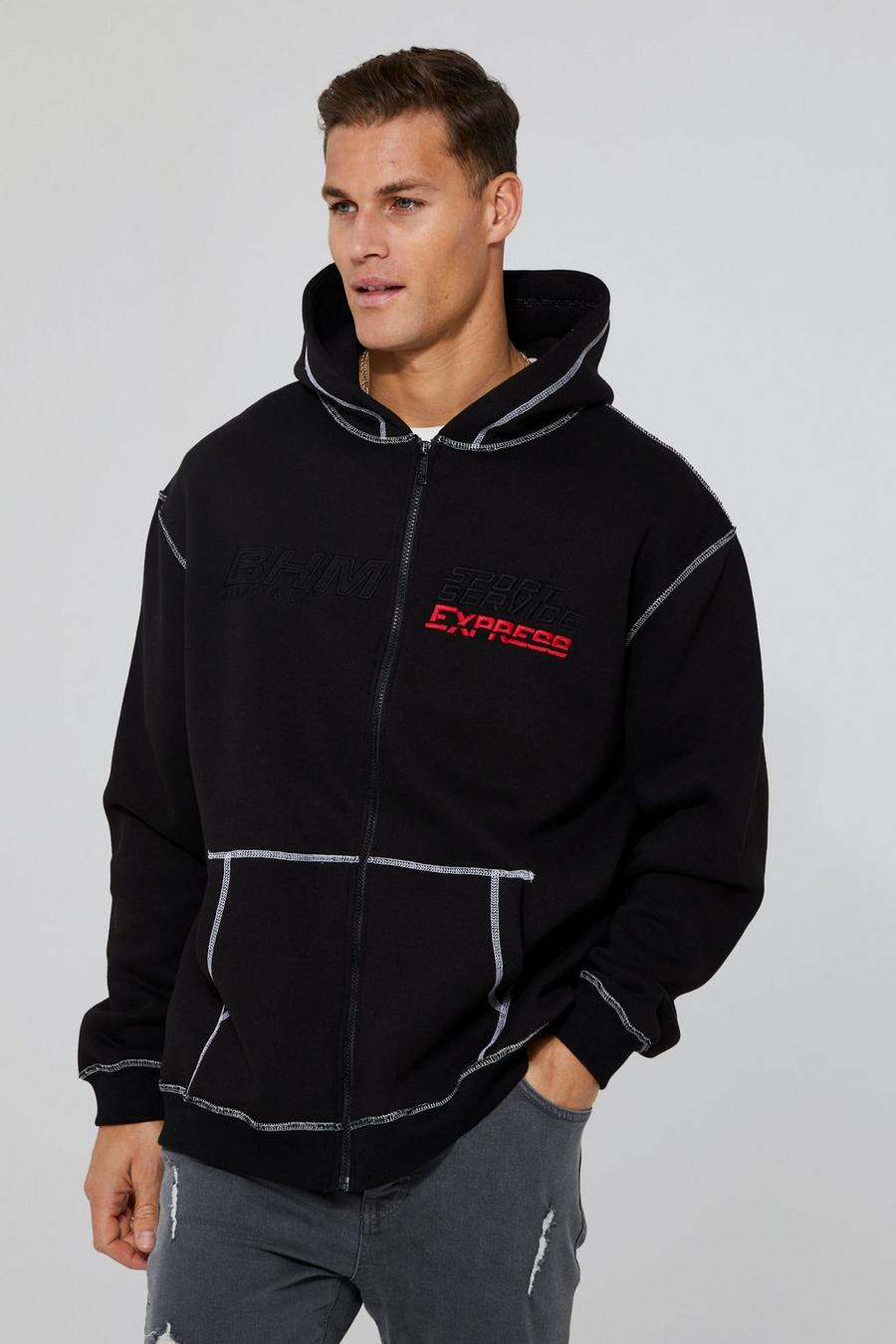 Black Tall Oversized Moto Zip Contrast Stitch Hoodie image number 1