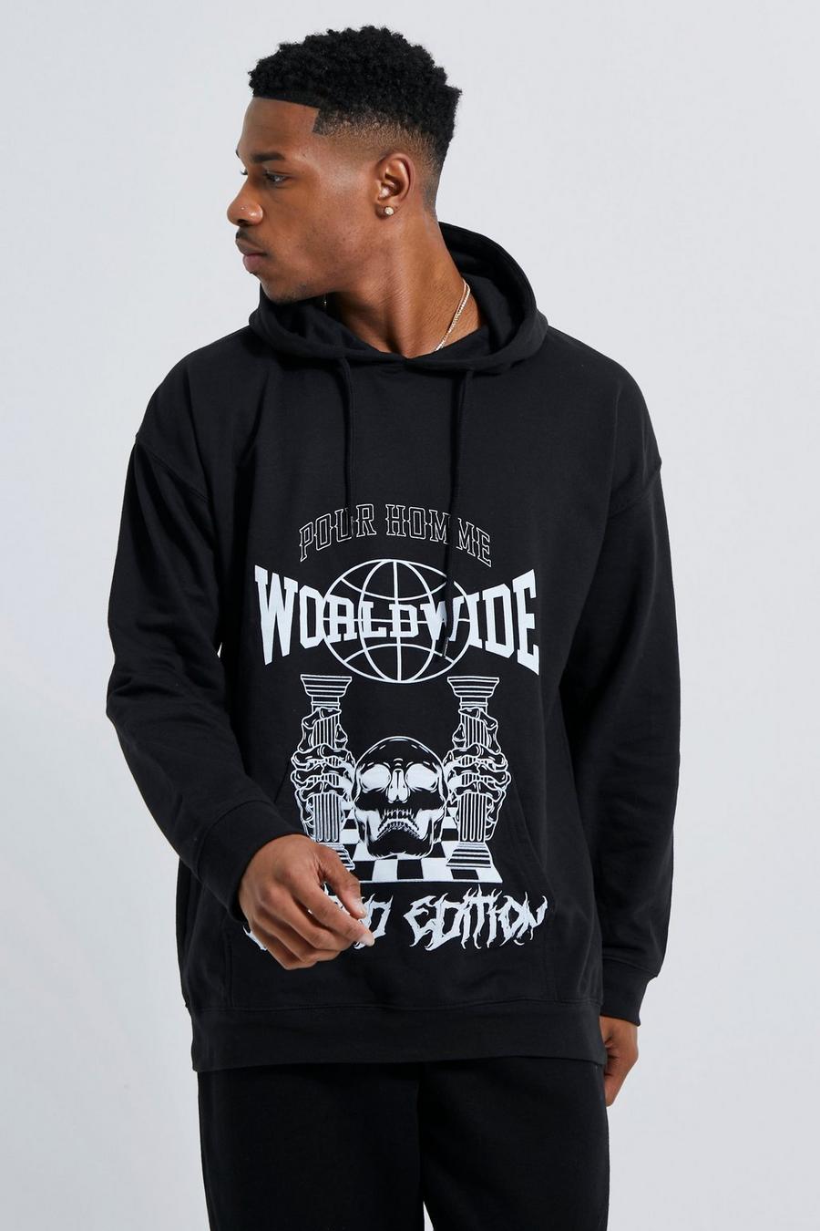 Black Oversized Worldwide Chess Graphic Hoodie image number 1