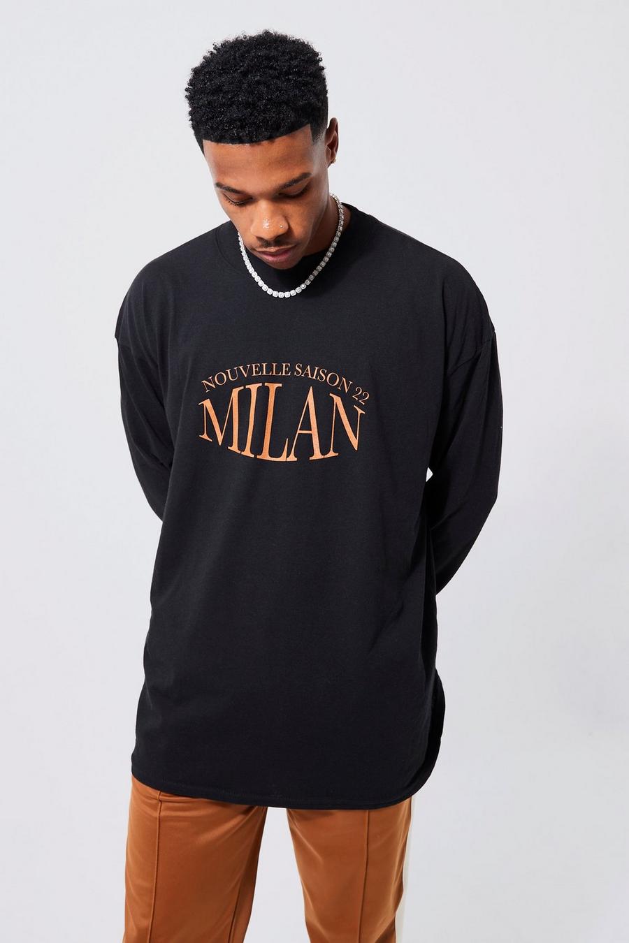 T-shirt oversize à manches longues et slogan Milan, Black image number 1