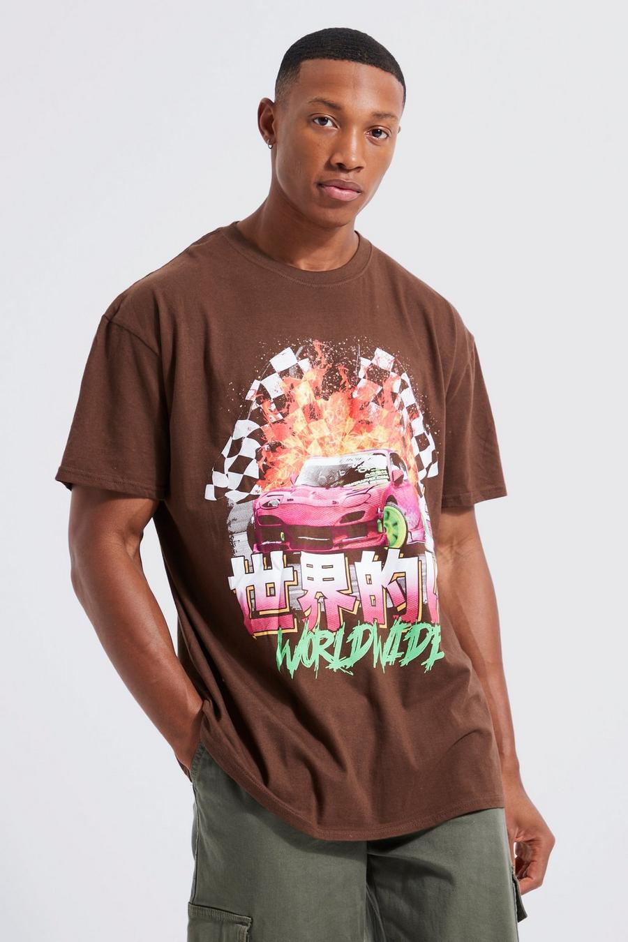 Chocolate Oversized Worldwide Car Graphic T-shirt image number 1