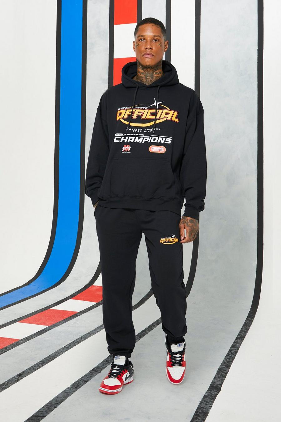 Black Oversized Official Moto Print Hoodie Tracksuit image number 1