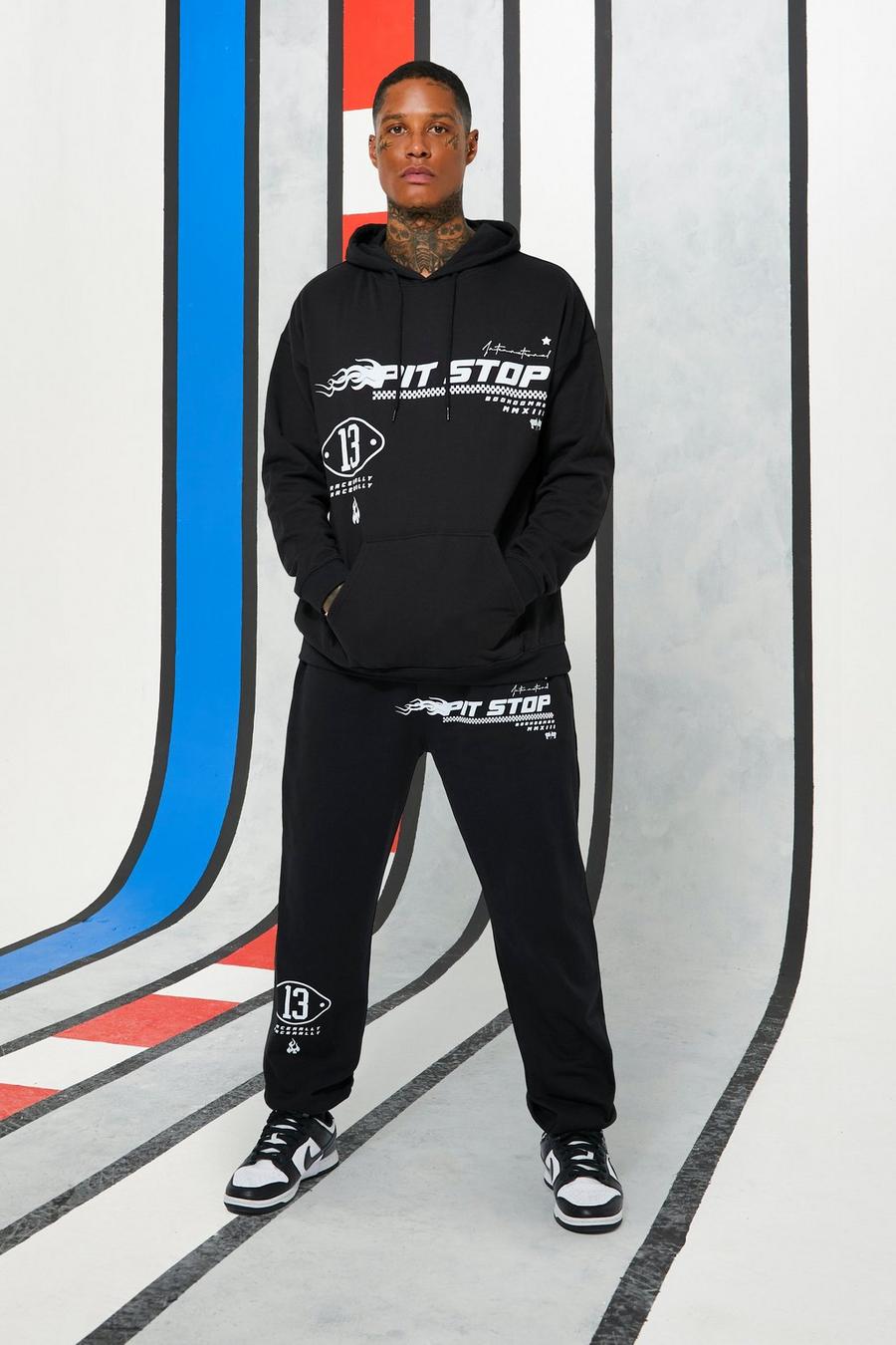 Oversize Hoodie-Trainingsanzug mit Pit Stop Moto Print, Black image number 1