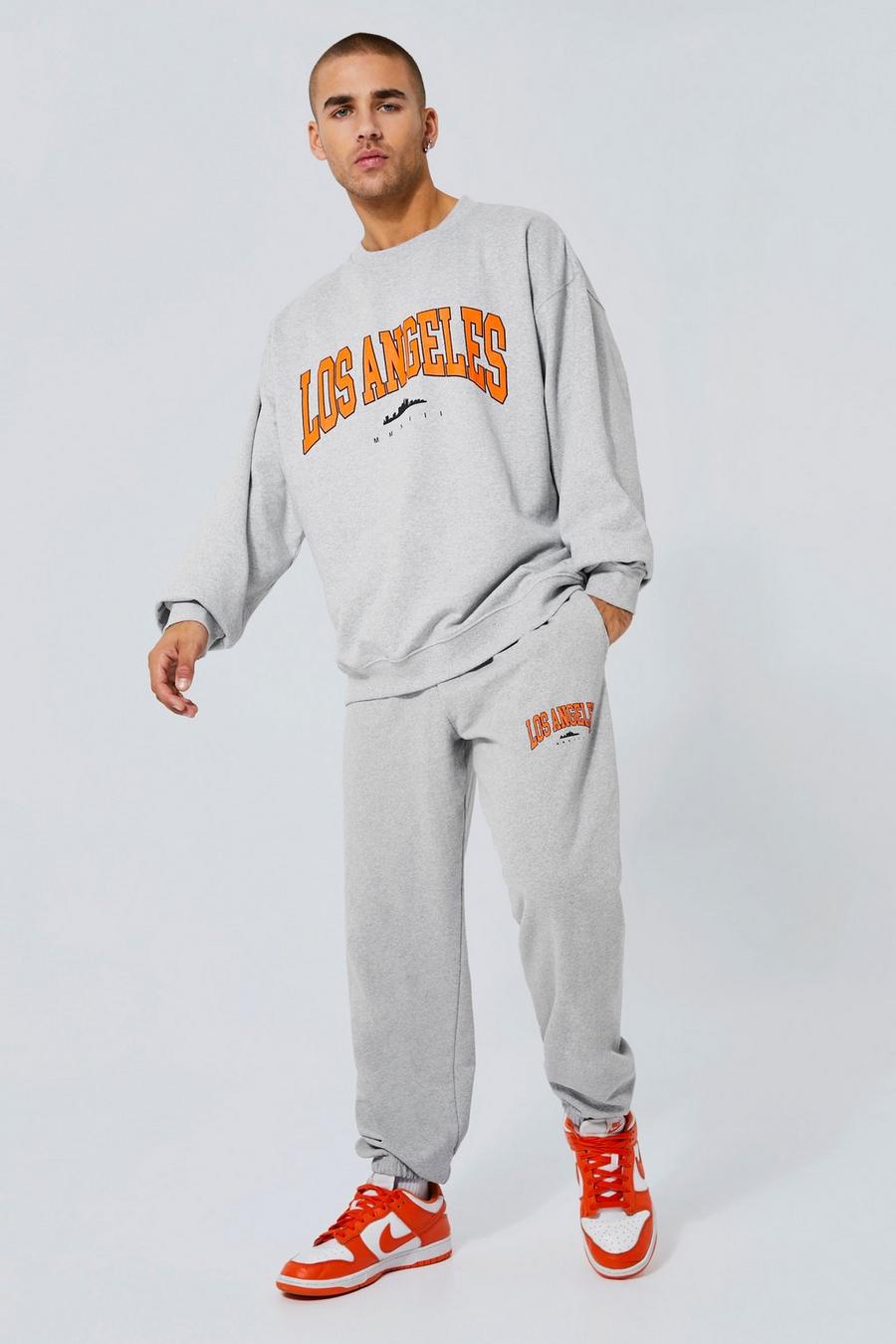 Grey marl Oversized Los Angeles Print Sweat Tracksuit image number 1