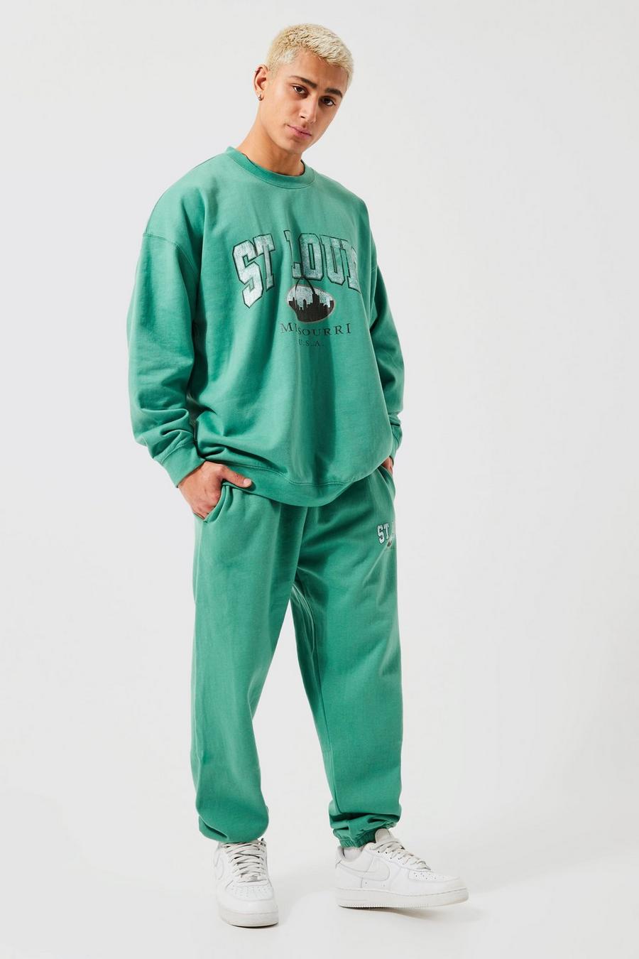 Forest green Oversized St Louis Print Sweat Tracksuit