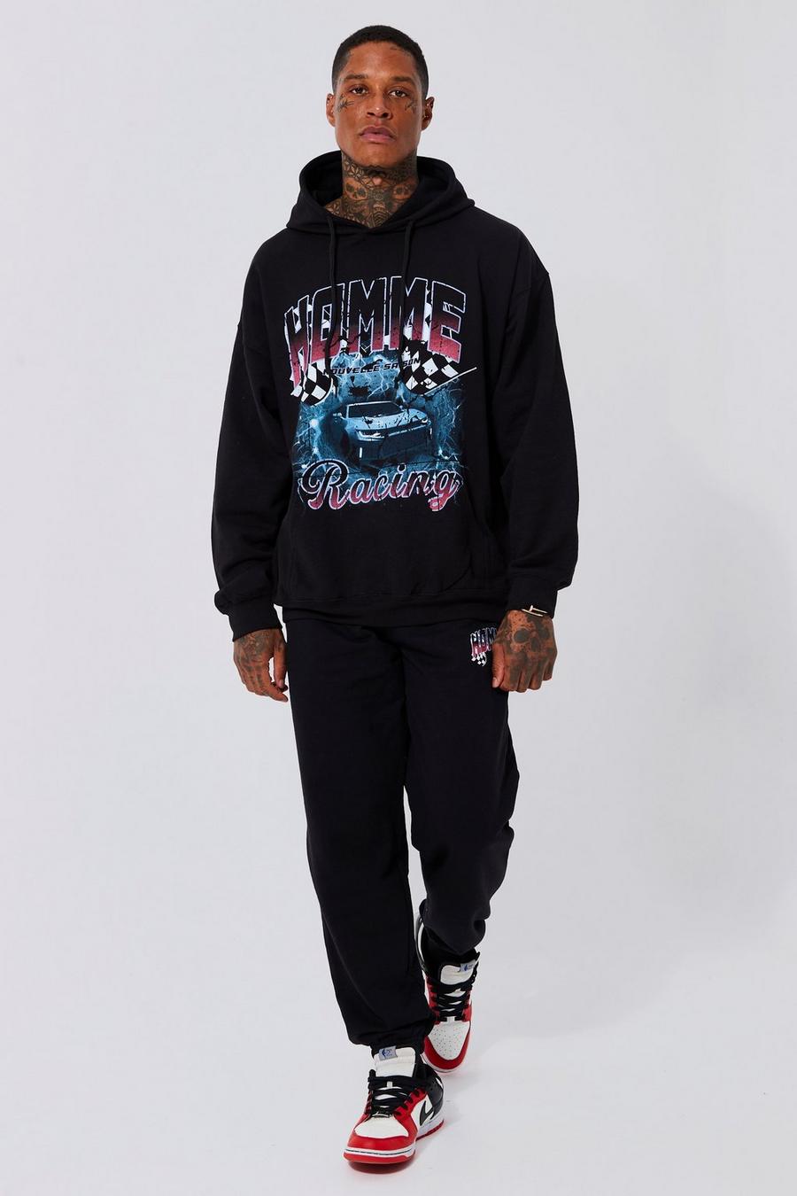 Black Oversized Homme Car Graphic Hoodie Tracksuit image number 1