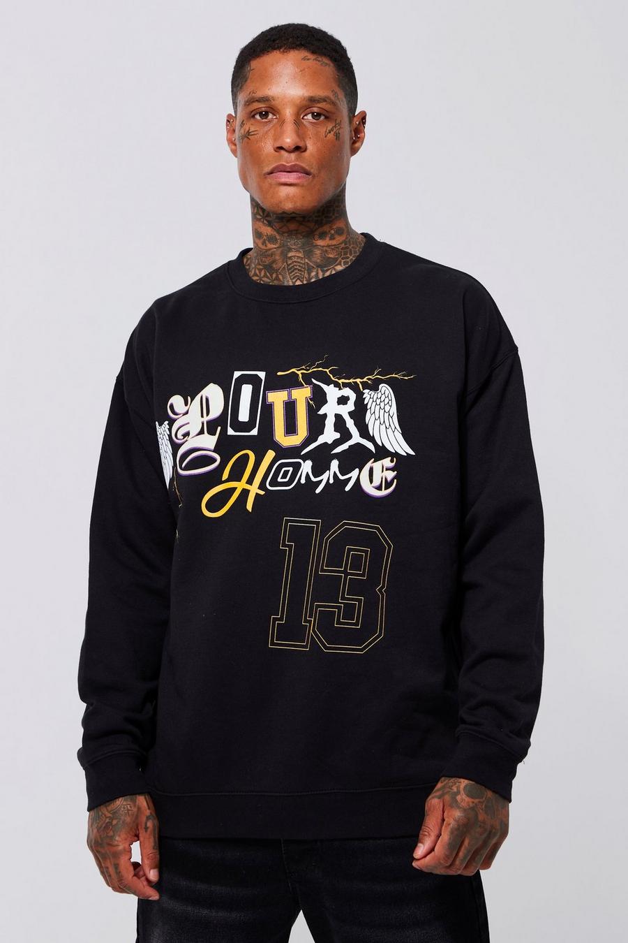 Black Oversized Pour Homme Multi Print Sweatshirt image number 1