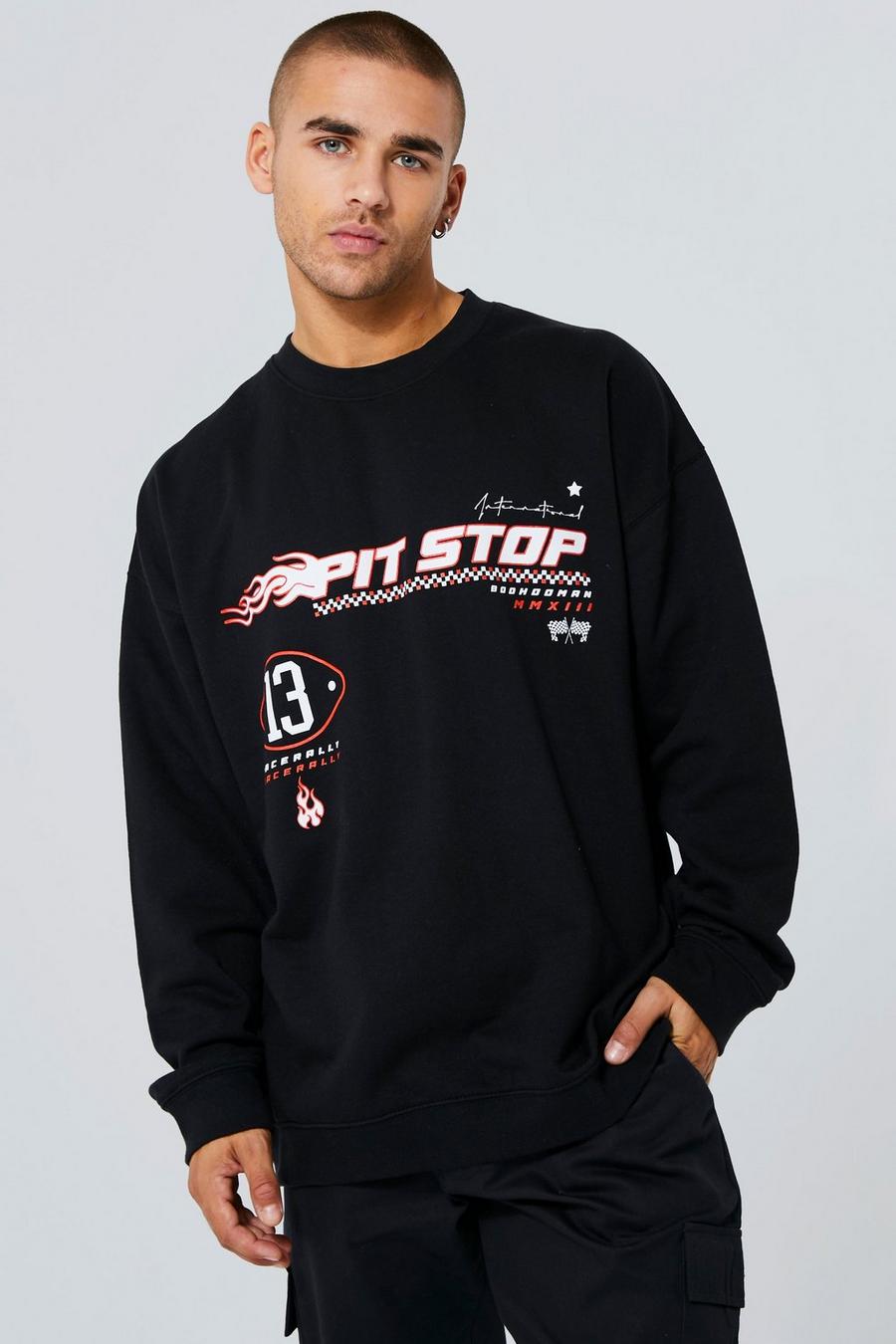 Black svart Oversized Pit Stop Moto Print Sweatshirt
